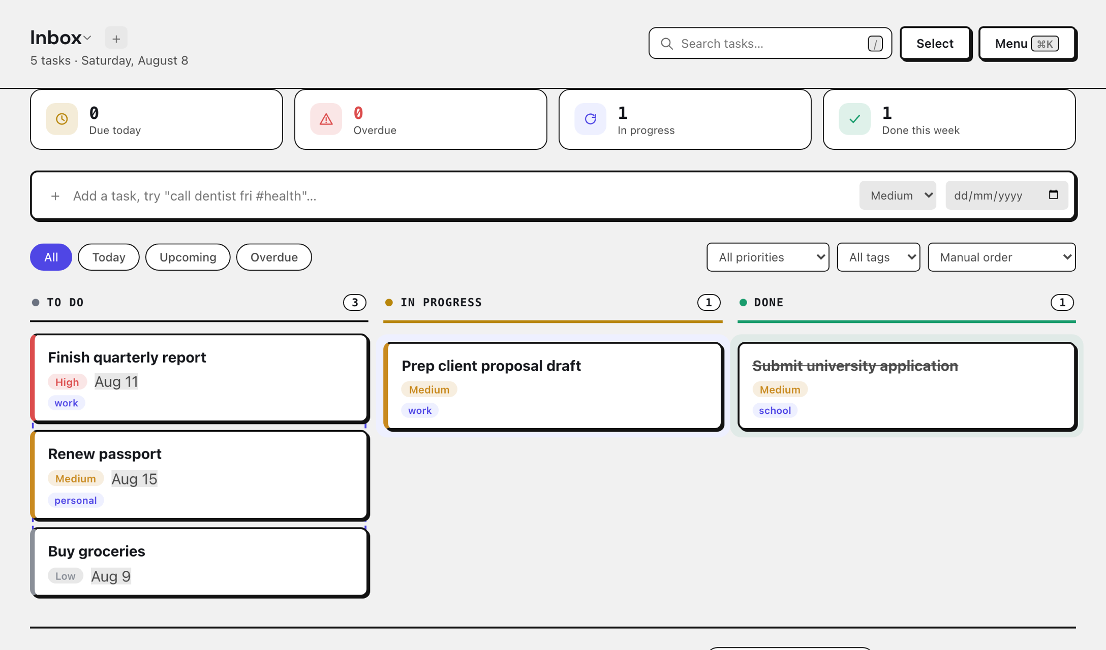Haven's board view, showing a To Do, In Progress, and Done column with real tasks, priorities, due dates, and tags